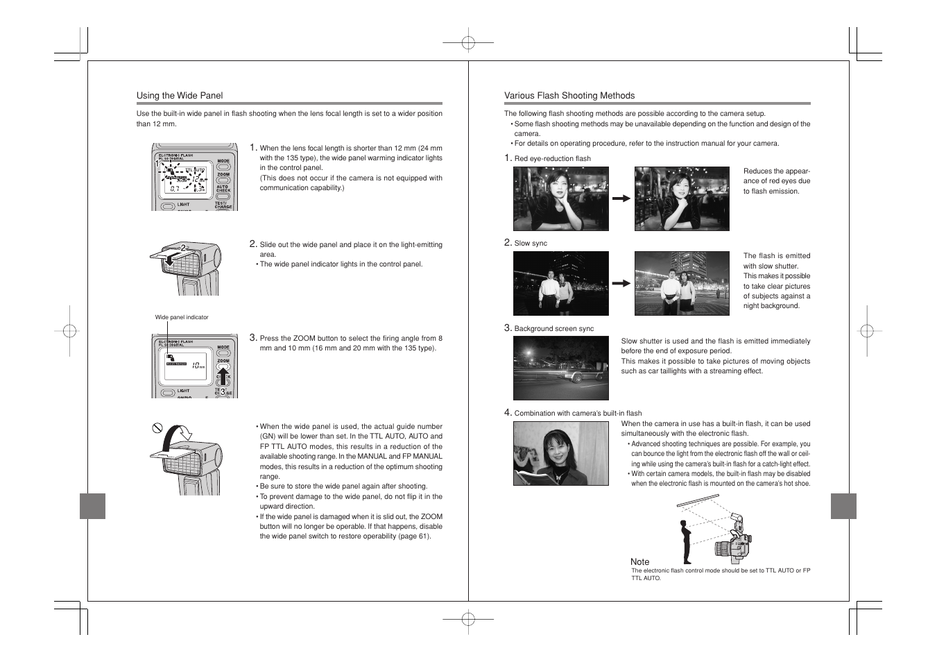 Using the wide panel, Various flash shooting methods | Olympus FL-50 User Manual | Page 13 / 18