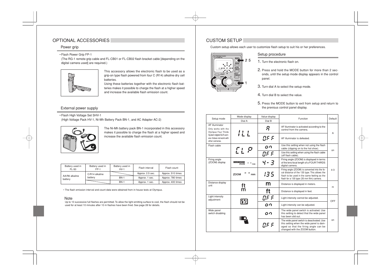 Optional accessories, Custom setup | Olympus FL-50 User Manual | Page 14 / 18