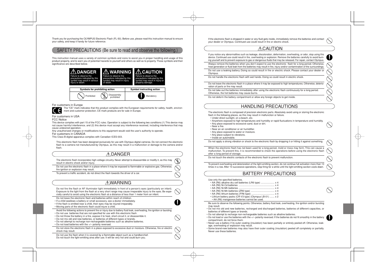 Danger, Warning, Caution | Handling precautions, Battery precautions | Olympus FL-50 User Manual | Page 2 / 18