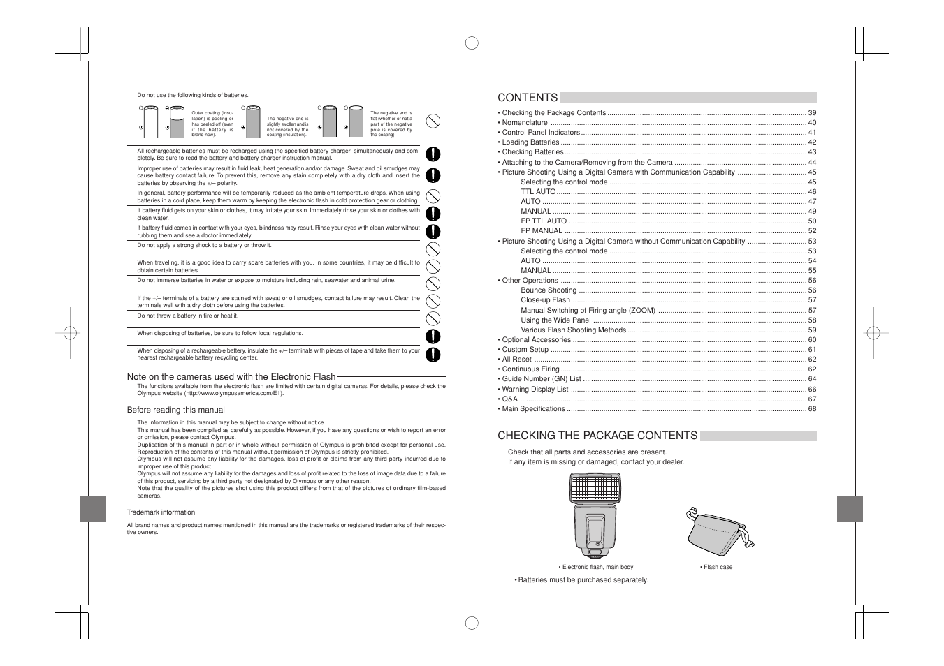 Checking the package contents, Checking the package contents contents | Olympus FL-50 User Manual | Page 3 / 18