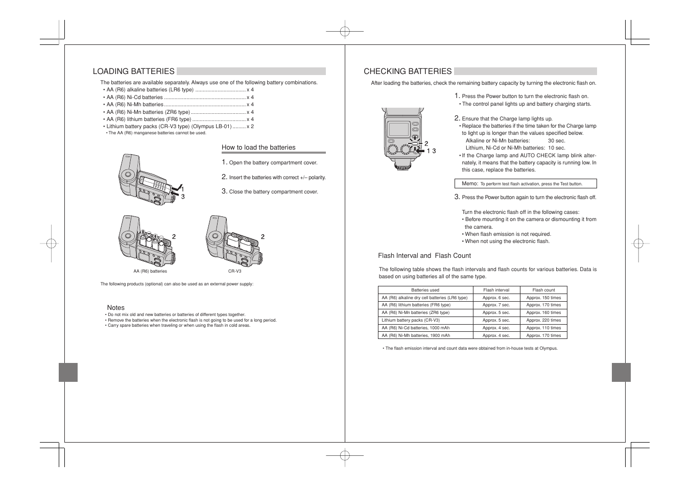 Loading batteries, Checking batteries | Olympus FL-50 User Manual | Page 5 / 18