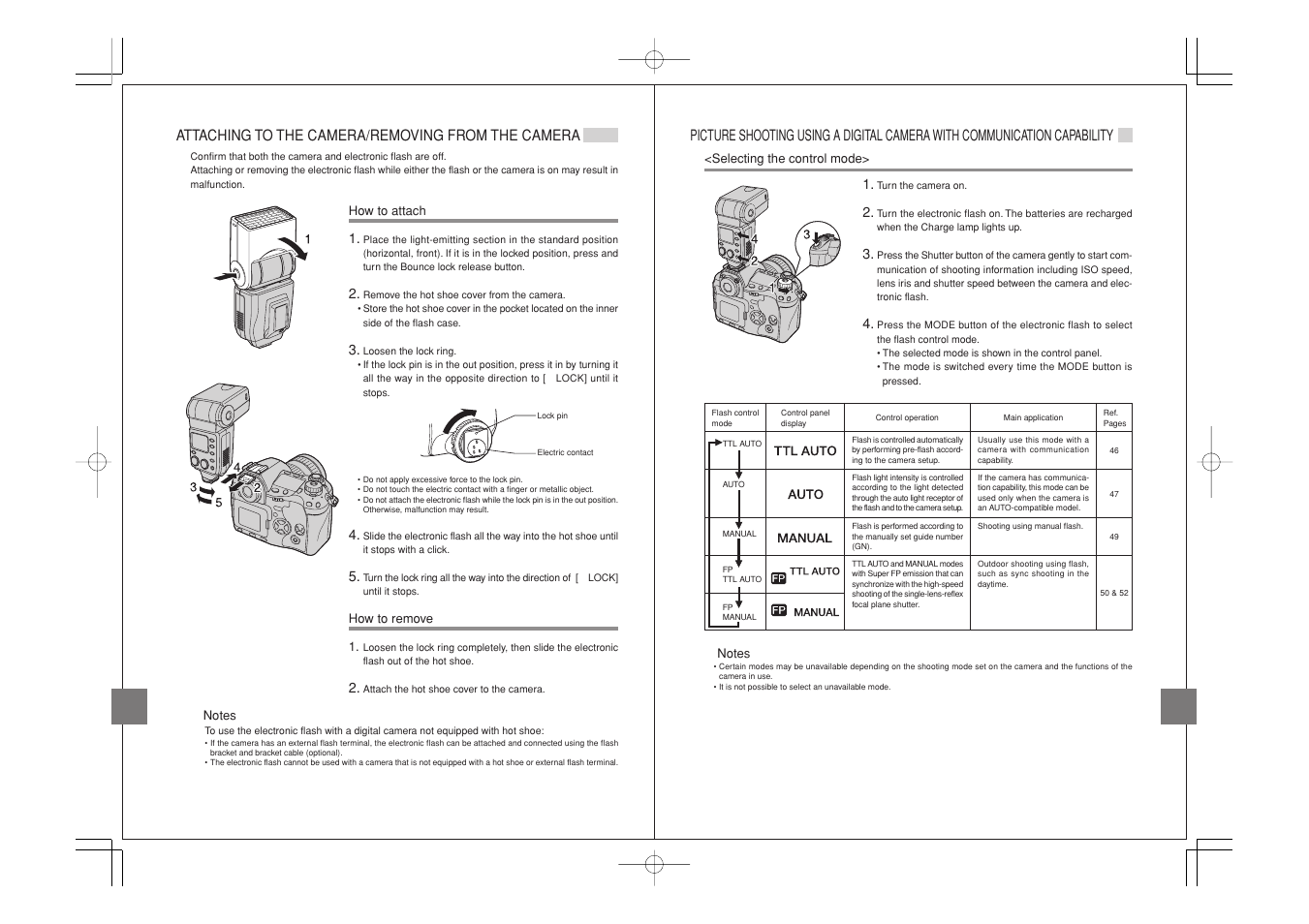 Attaching to the camera/removing from the camera, Selecting the control mode | Olympus FL-50 User Manual | Page 6 / 18