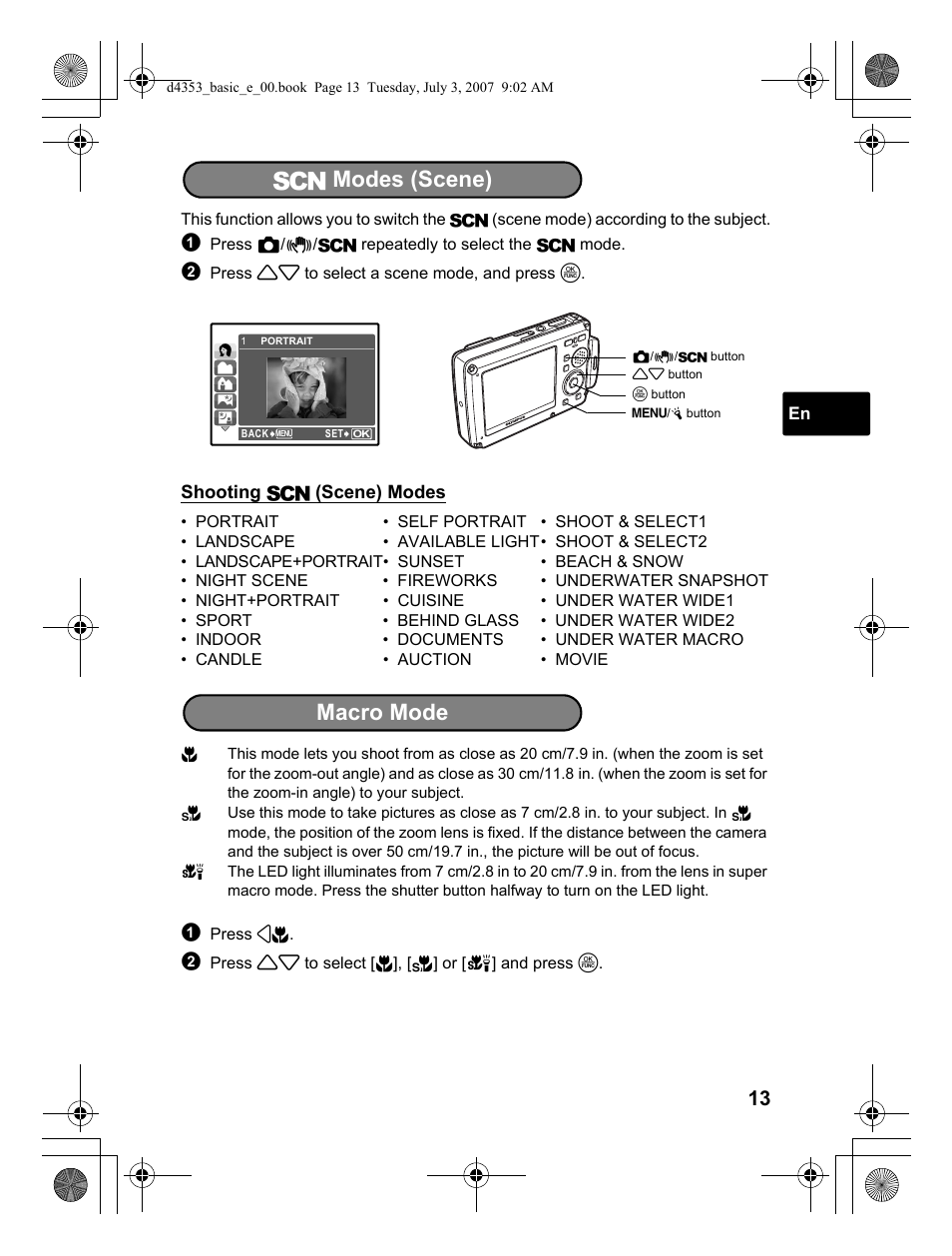 Scn modes (scene), Macro mode, S modes (scene) | Olympus 795 SW User Manual | Page 13 / 116