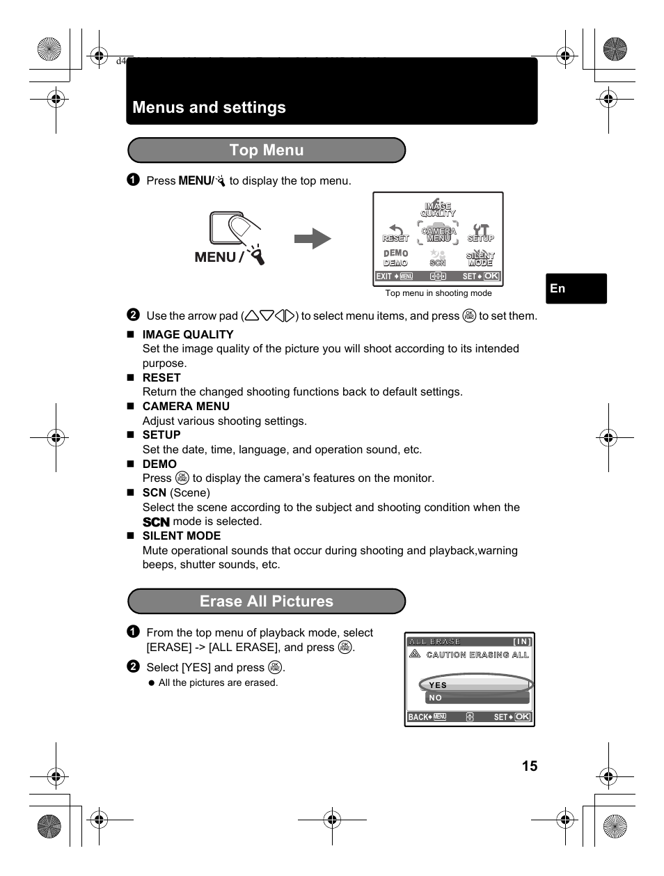 Menus and settings, Top menu, Erase all pictures | Olympus 795 SW User Manual | Page 15 / 116