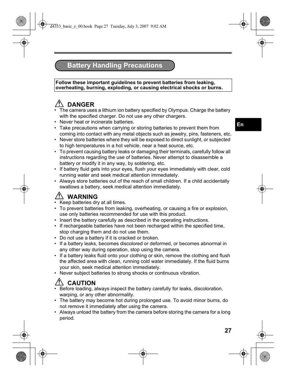 Battery handling precautions | Olympus 795 SW User Manual | Page 27 / 116