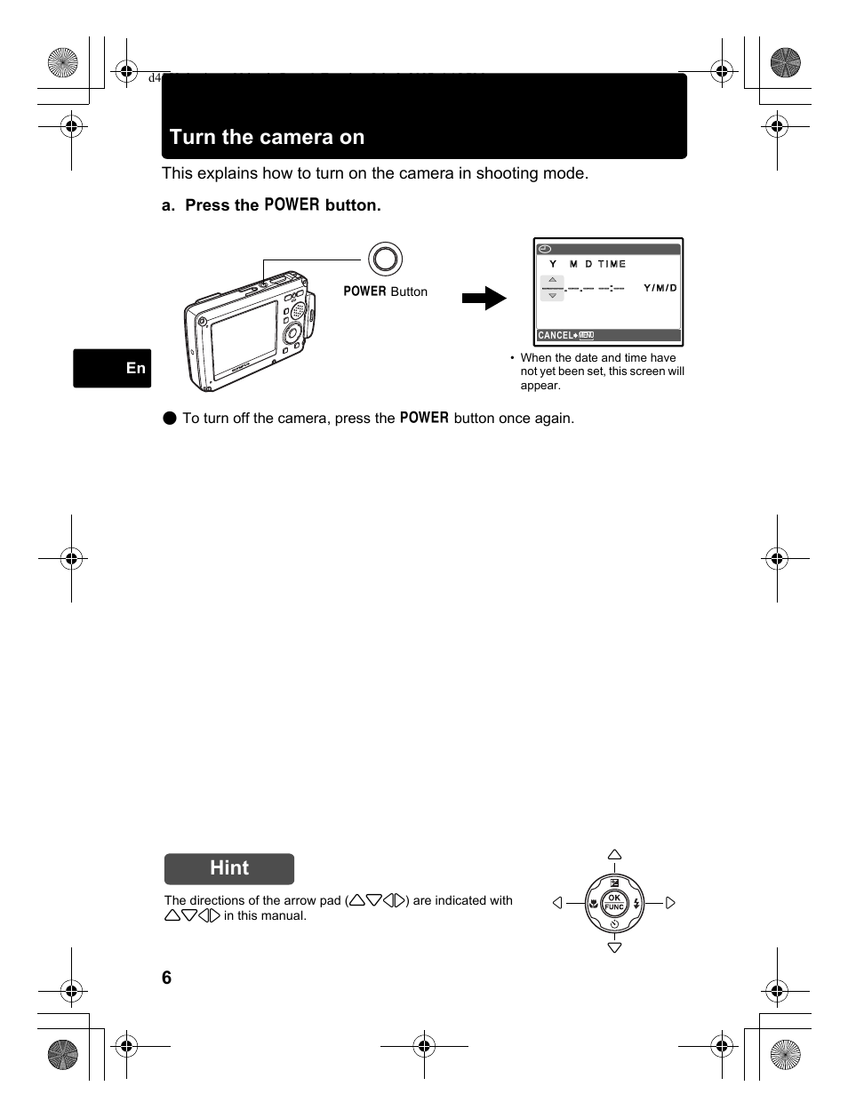 Turn the camera on, Hint | Olympus 795 SW User Manual | Page 6 / 116