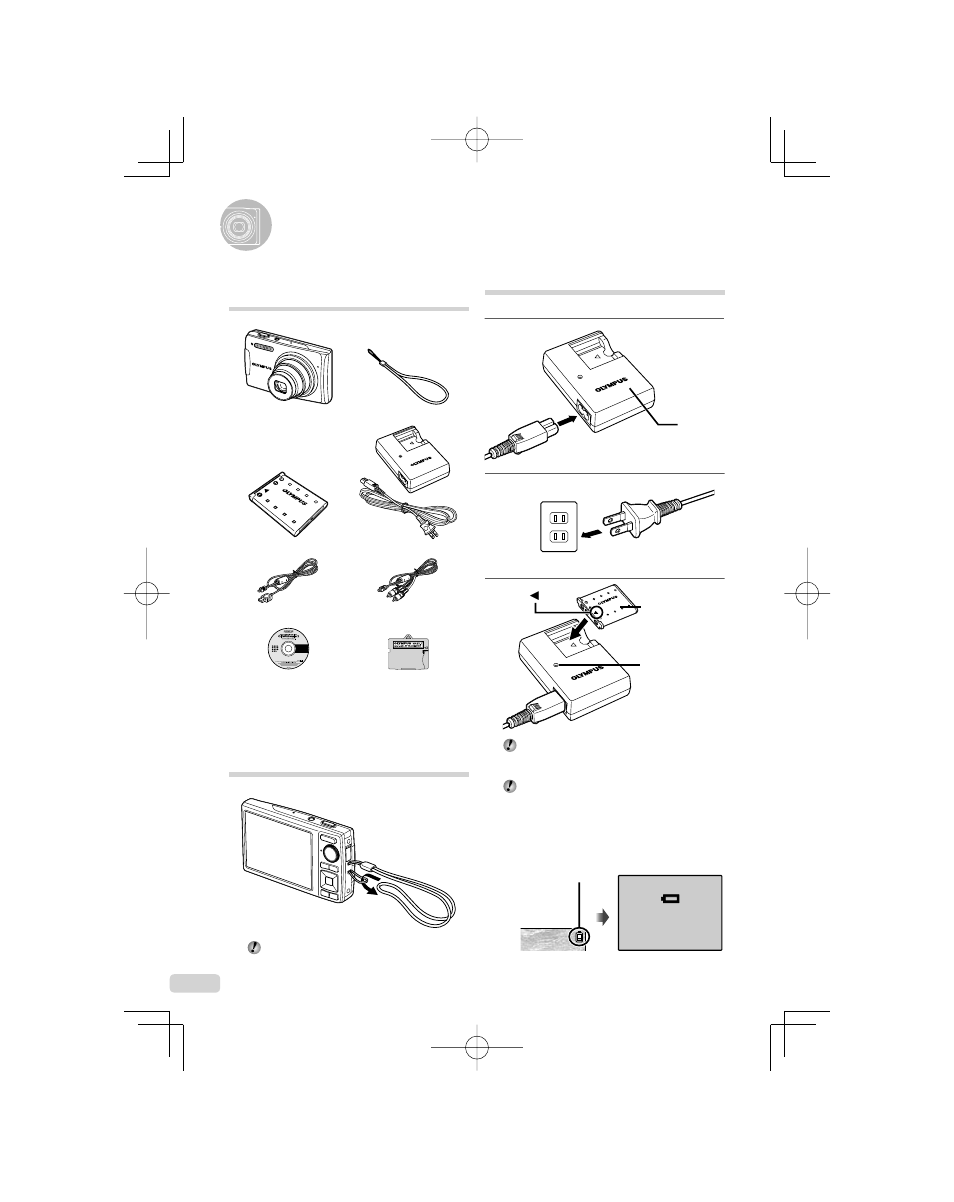 Preparing the camera, Checking the contents of the box, Attaching the camera strap | Charging the battery | Olympus 1060 User Manual | Page 10 / 78