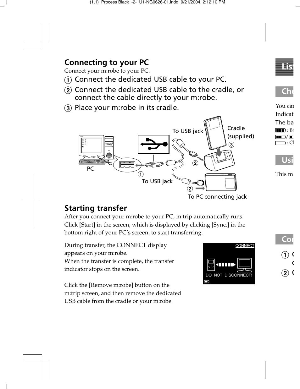 List, Connecting to your pc, Starting transfer | Con che | Olympus MR-100 User Manual | Page 5 / 8