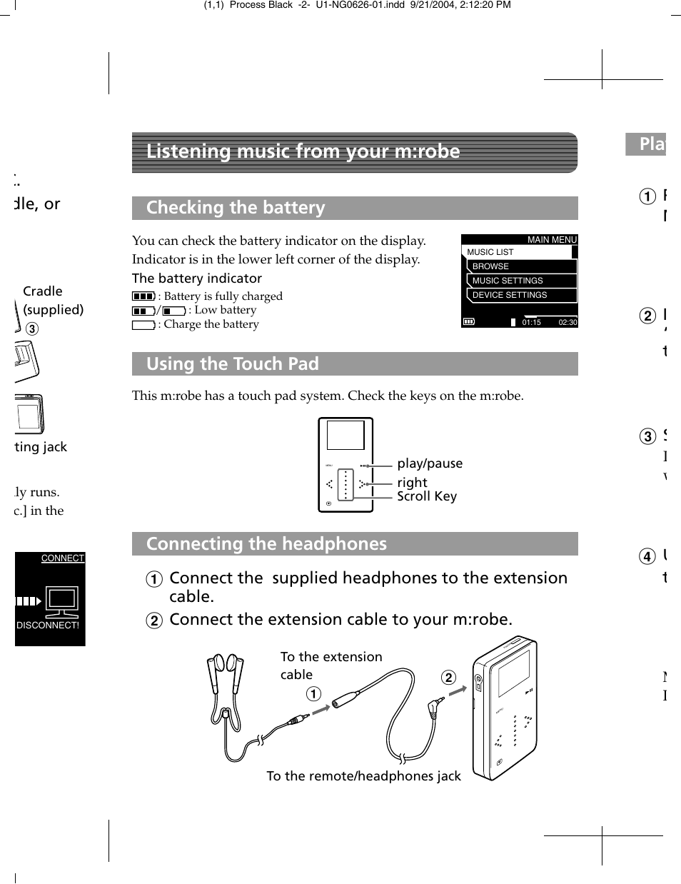 Listening music from your m:robe, Using the touch pad, C. dle, or | A p m | Olympus MR-100 User Manual | Page 6 / 8