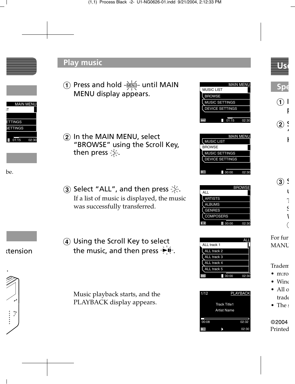 Play music, C select “all”, and then press, A press and hold until main menu display appears | T s w c | Olympus MR-100 User Manual | Page 7 / 8