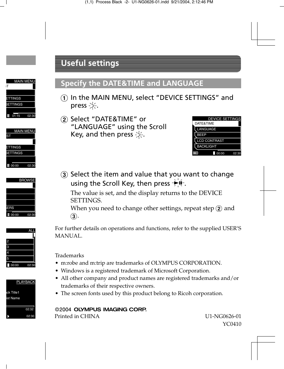 Useful settings, Specify the date&time and language | Olympus MR-100 User Manual | Page 8 / 8
