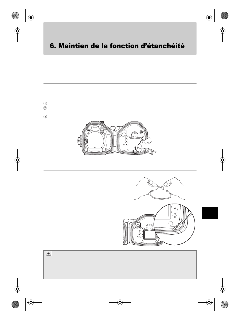 Maintien de la fonction d’étanchéité, Retirer le joint, Retirer tout grain de sable, poussière, etc | Olympus PT-E05 User Manual | Page 113 / 284