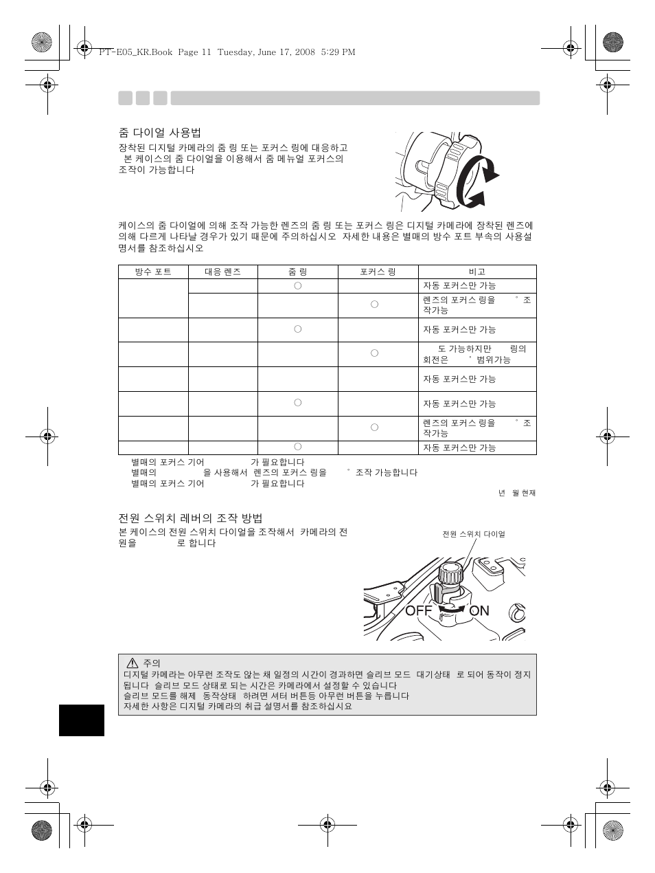 전원 스위치 레버의 조작 방법 줌 다이얼 사용법 | Olympus PT-E05 User Manual | Page 252 / 284