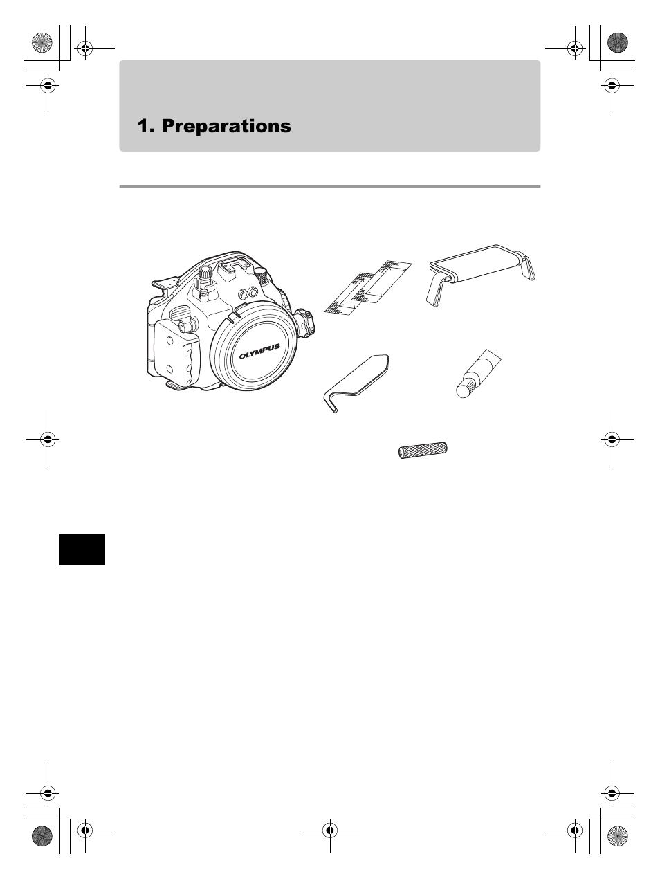 Preparations, Check the contents of the package | Olympus PT-E05 User Manual | Page 48 / 284