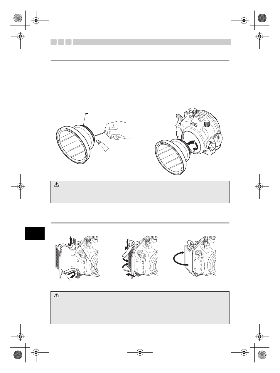 Install the waterproof port, Attach the hand strap | Olympus PT-E05 User Manual | Page 50 / 284