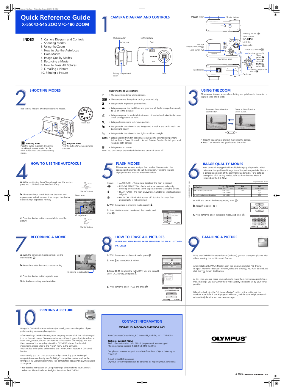 Quick reference guide, Index, Camera diagram and controls | Shooting modes, Using the zoom, How to use the autofocus, Flash modes, Image quality modes, Recording a movie, How to erase all pictures | Olympus C-480 Zoom User Manual | Page 2 / 2