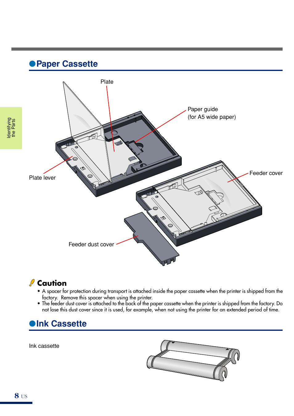 Paper cassette, Ink cassette, Caution | Olympus P-400 User Manual | Page 13 / 71
