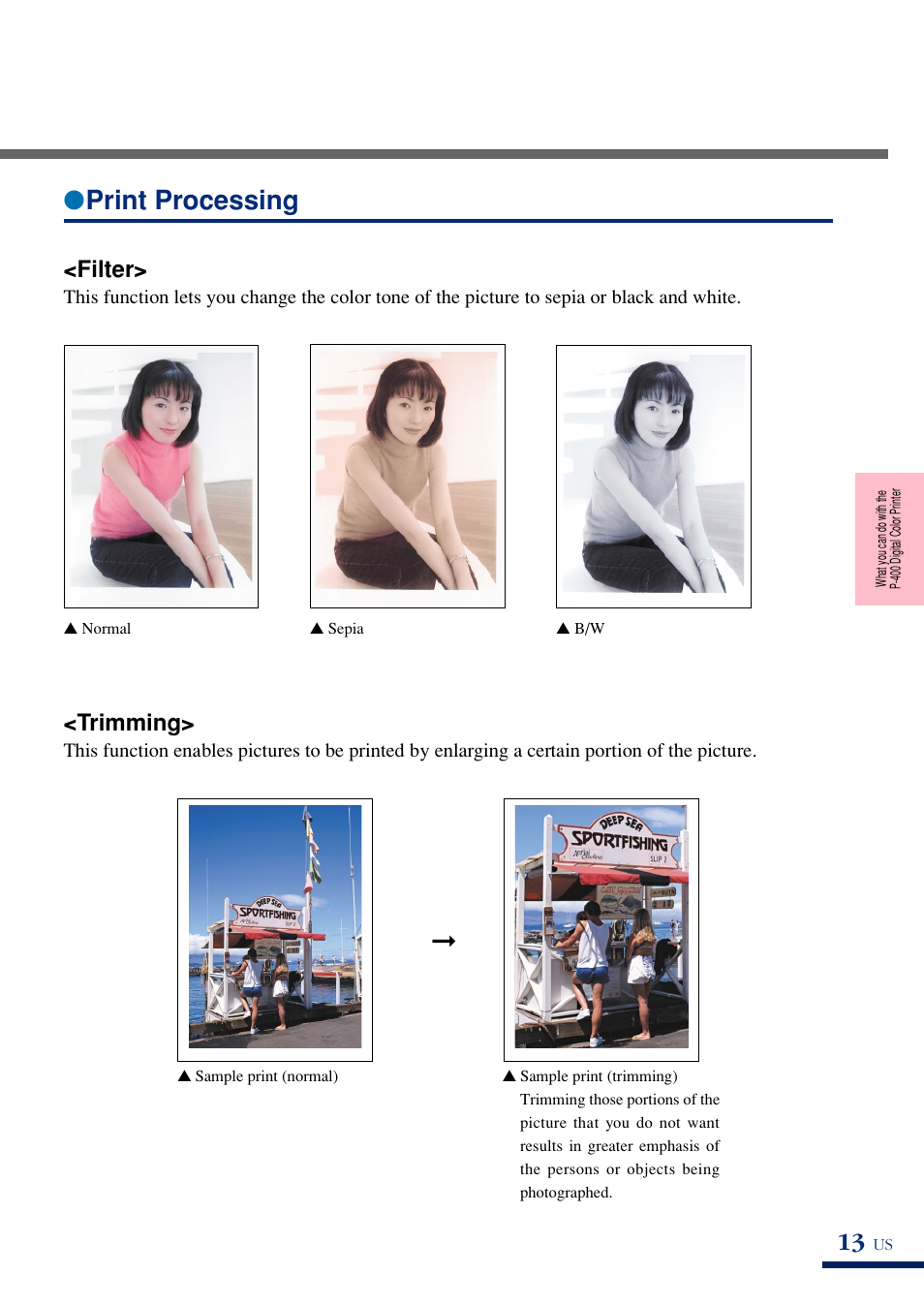Print processing, Filter, Trimming | Olympus P-400 User Manual | Page 18 / 71