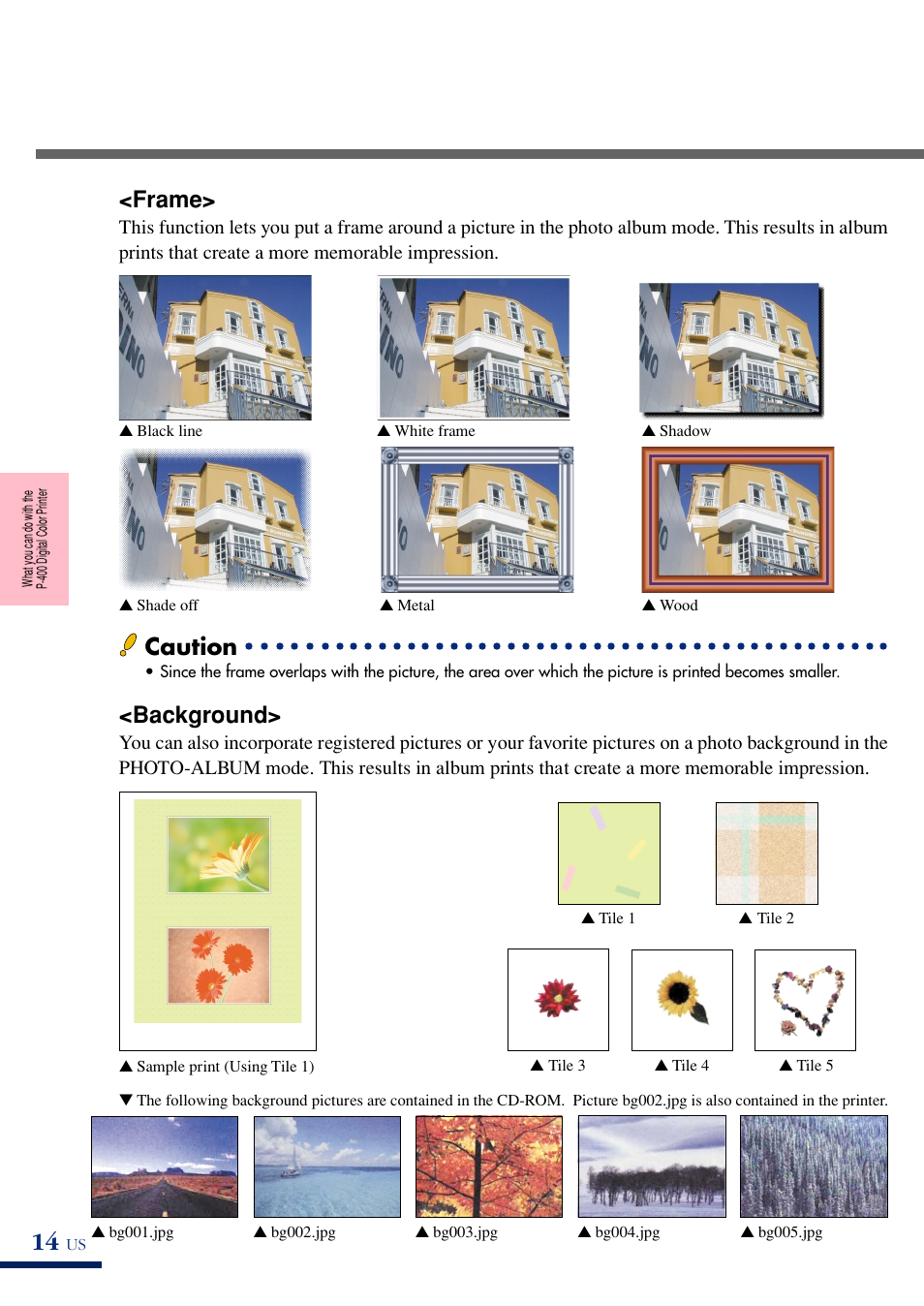 Background, Frame, Caution | Olympus P-400 User Manual | Page 19 / 71