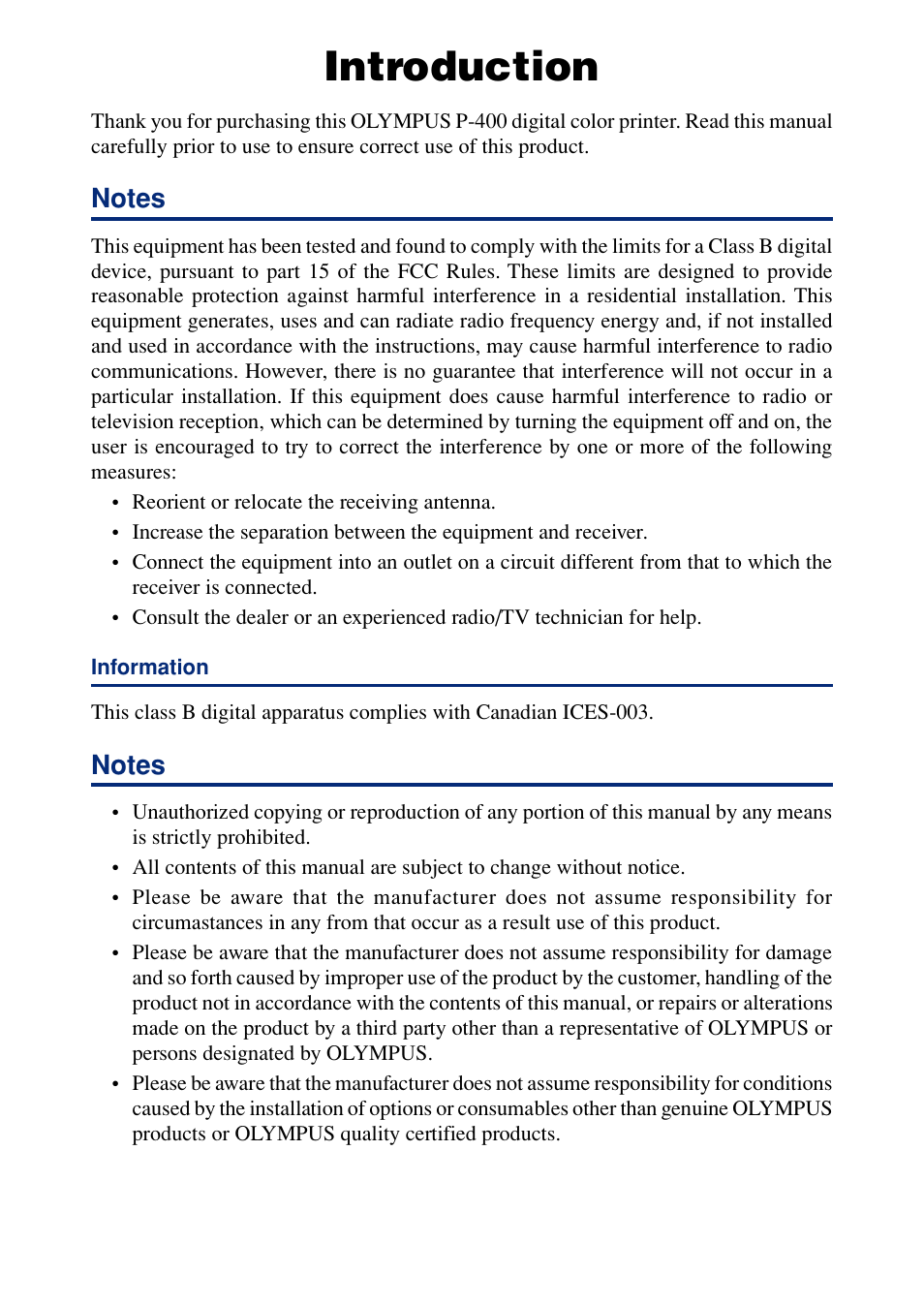 Introduction | Olympus P-400 User Manual | Page 2 / 71
