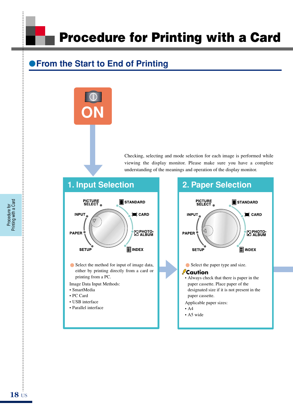 Procedure for printing with a card, Input selection 2. paper selection | Olympus P-400 User Manual | Page 23 / 71