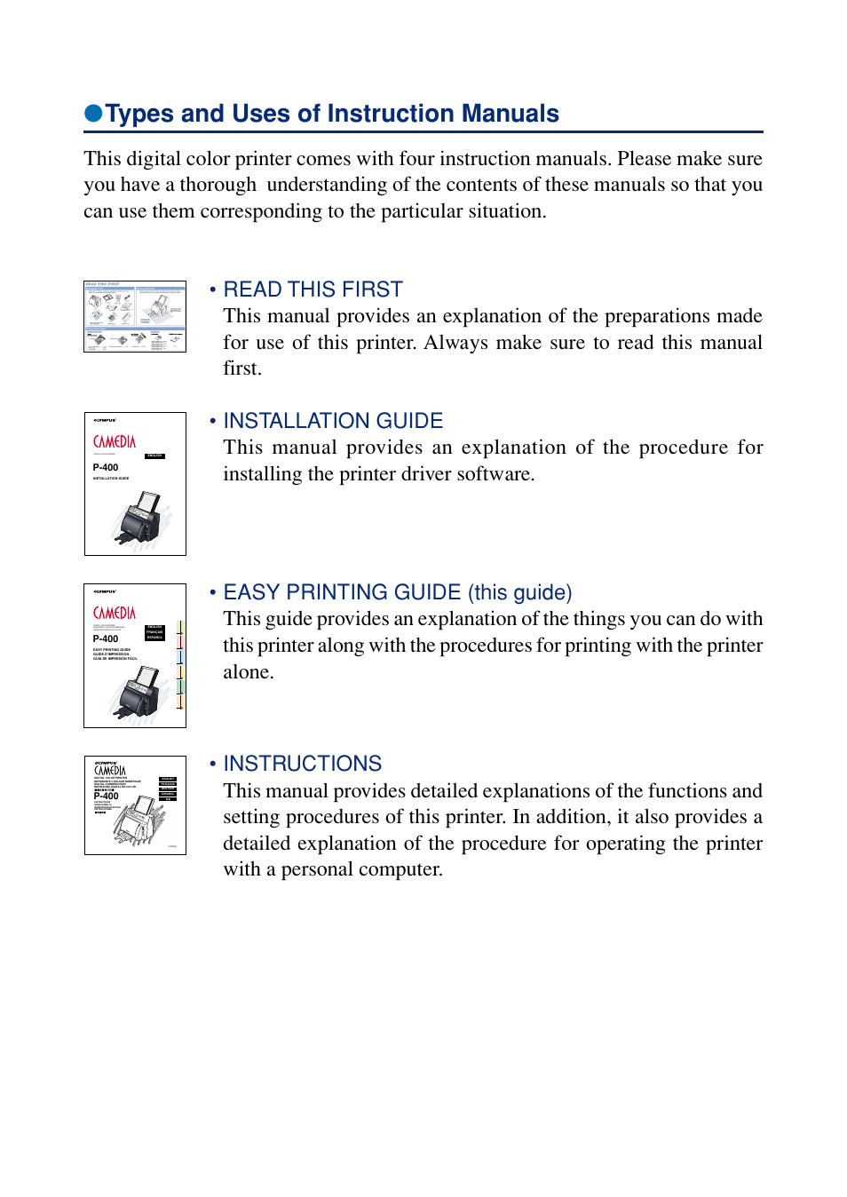 Types and uses of instruction manuals | Olympus P-400 User Manual | Page 3 / 71