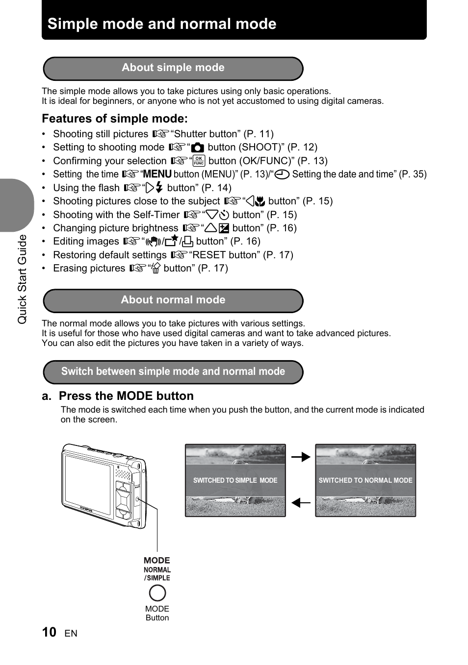 Simple mode and normal mode, Features of simple mode, A. press the mode button | Olympus 730 User Manual | Page 10 / 80