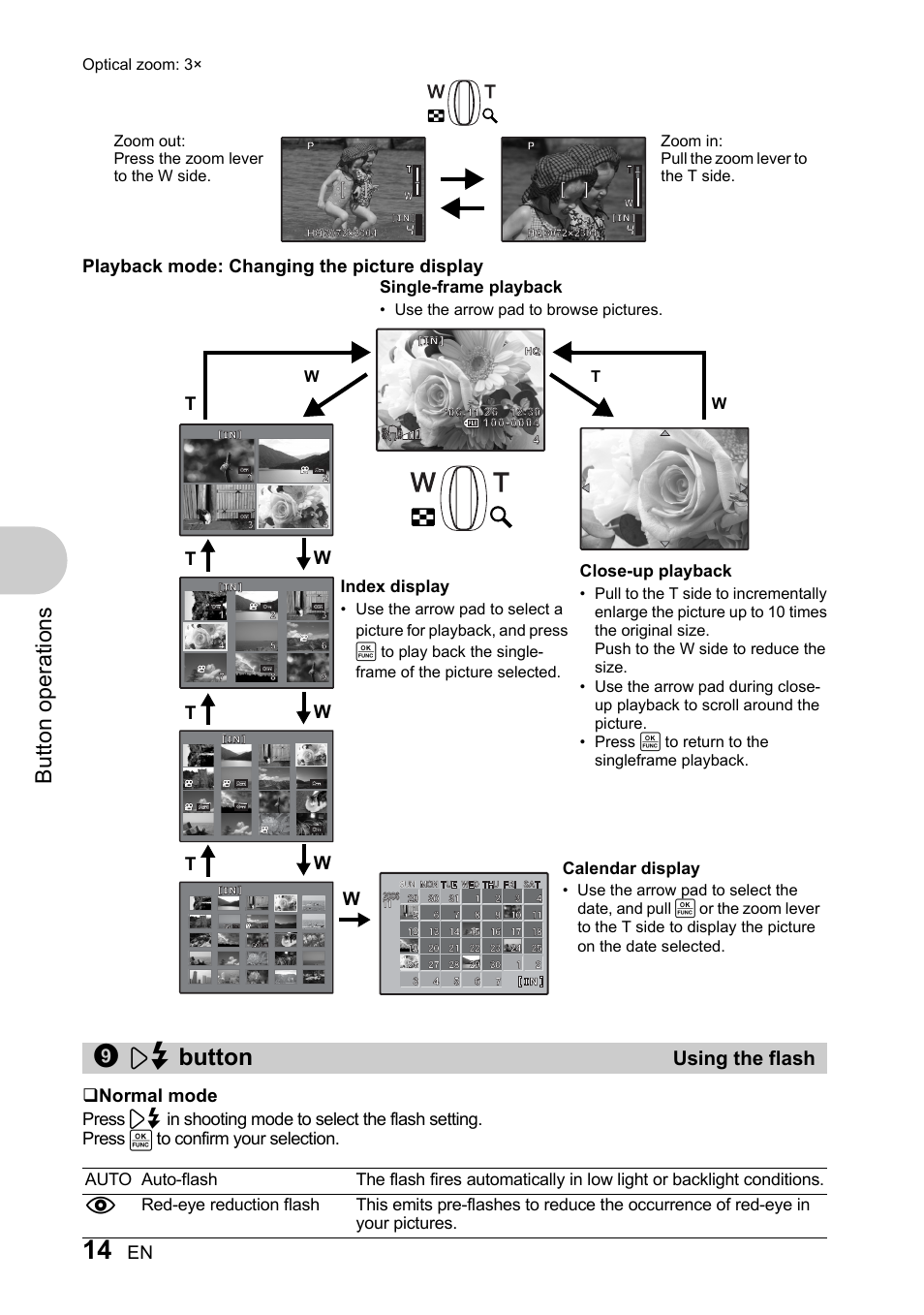 Using the flash, 3# button” (p. 14), Button | But to n o perat io ns | Olympus 730 User Manual | Page 14 / 80