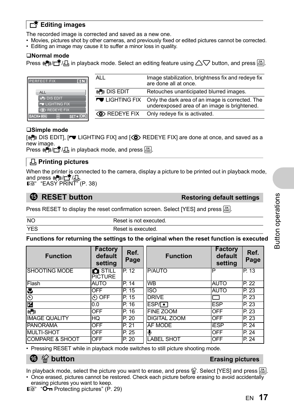 Editing images, Printing pictures, Restoring default settings | Erasing pictures, Reset button” (p. 17), S button” (p. 17), Ereset button, Fs button, But to n o perat io ns | Olympus 730 User Manual | Page 17 / 80