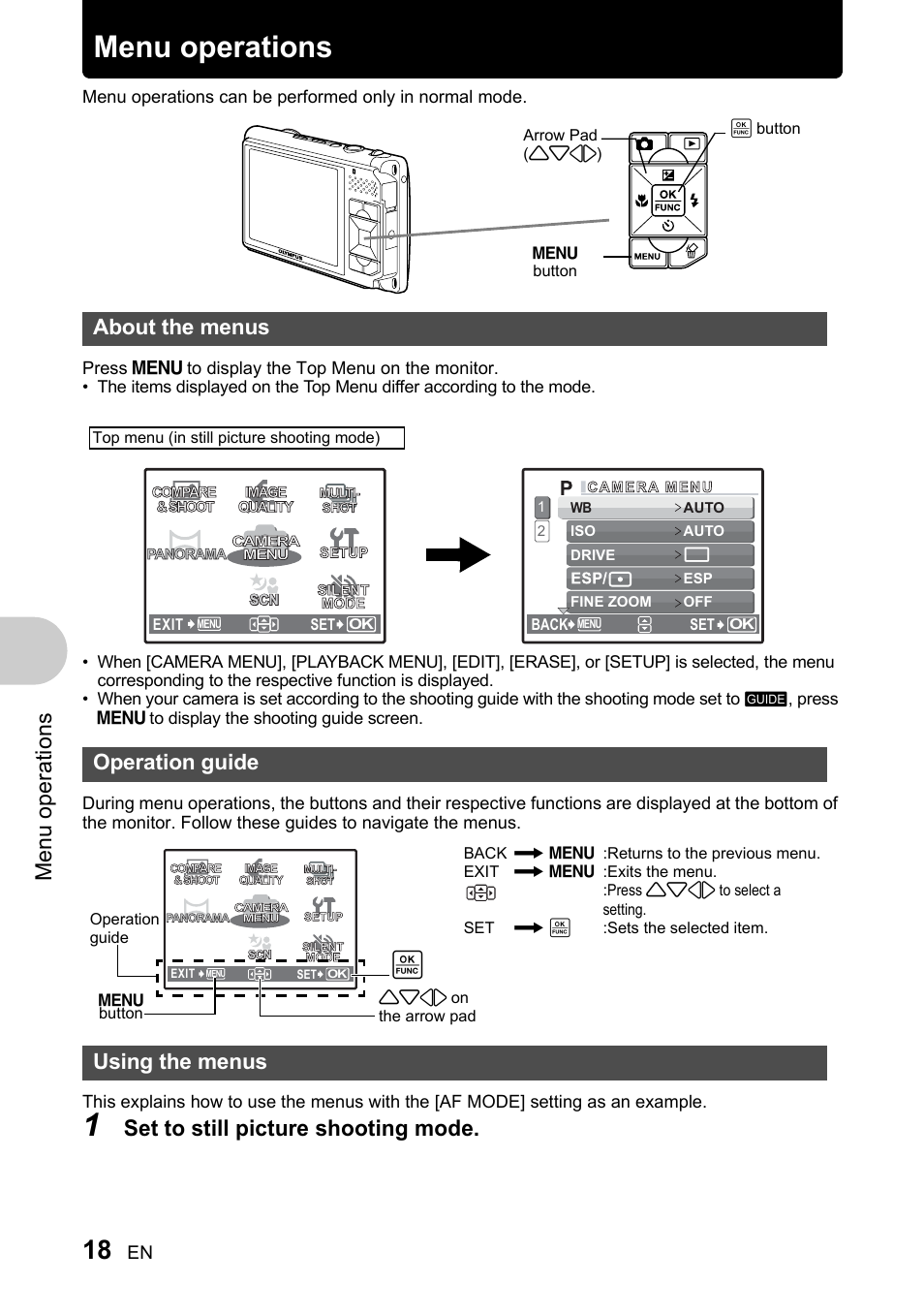 Menu operations, About the menus, Operation guide | Using the menus, P. 18, Men u o perat io ns, Set to still picture shooting mode, About the menus operation guide using the menus | Olympus 730 User Manual | Page 18 / 80