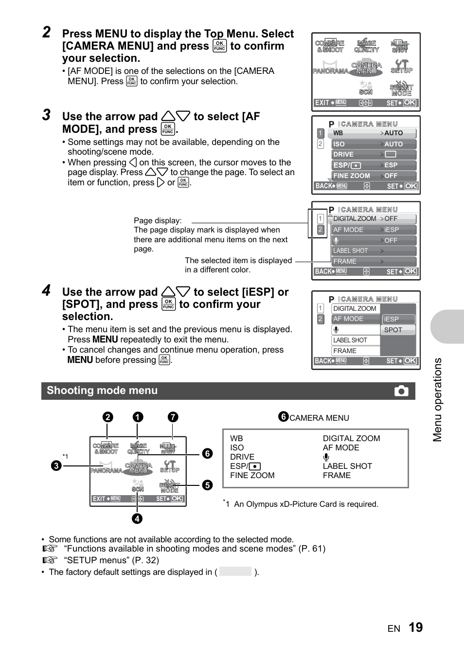 Shooting mode menu, Men u o perat io ns, Shooting mode menu k | Olympus 730 User Manual | Page 19 / 80