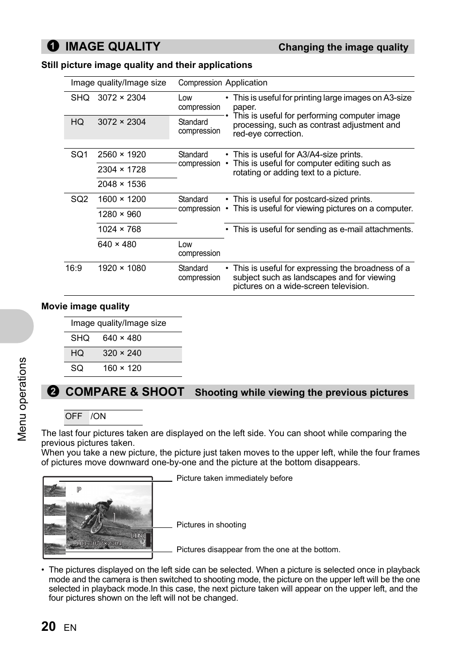 Changing the image quality, Shooting while viewing the previous pictures, P. 20 | 1image quality, 2compare & shoot, Men u o perat io ns | Olympus 730 User Manual | Page 20 / 80