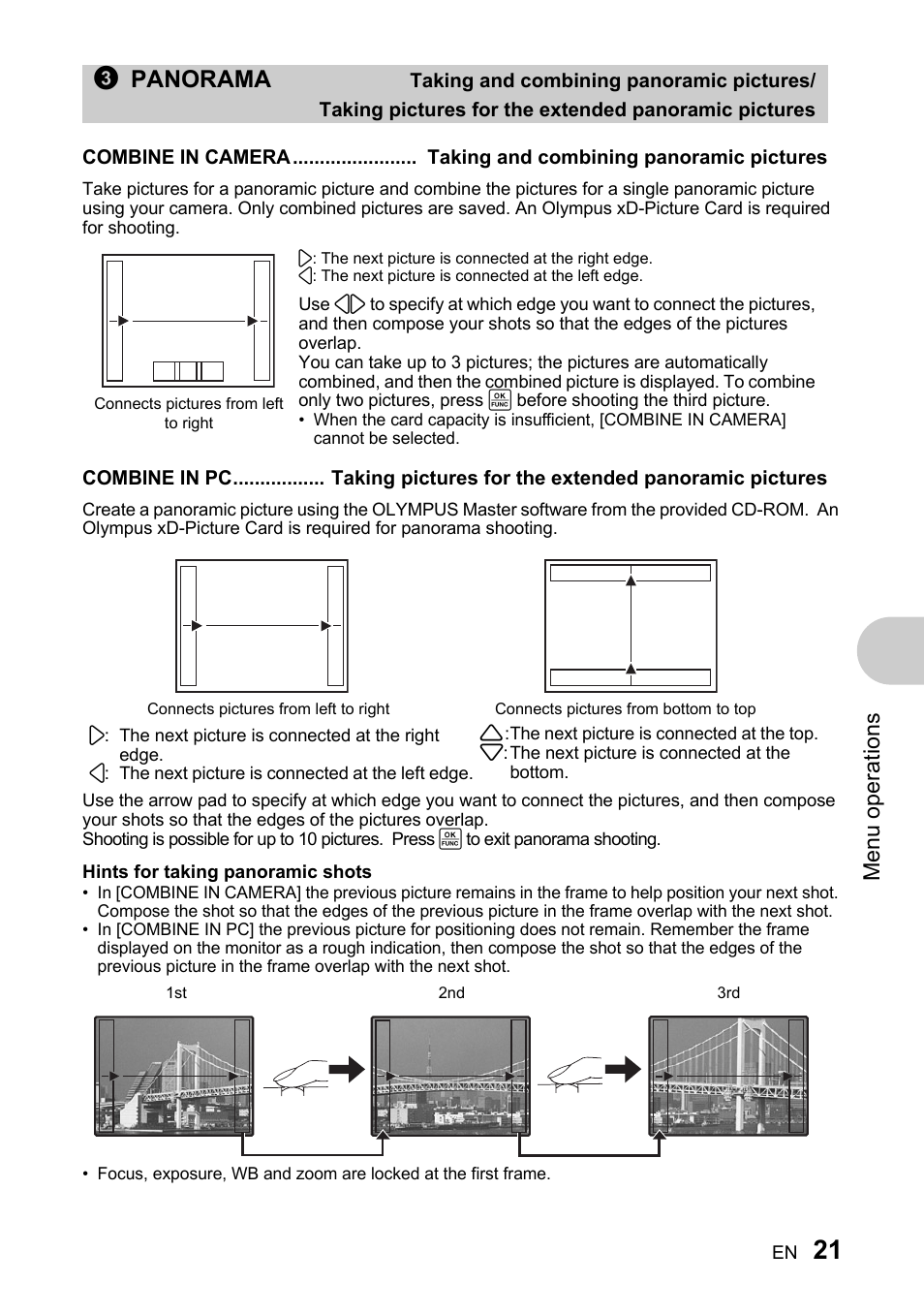 Taking and combining panoramic pictures, P. 21, 3panorama | Menu operations | Olympus 730 User Manual | Page 21 / 80