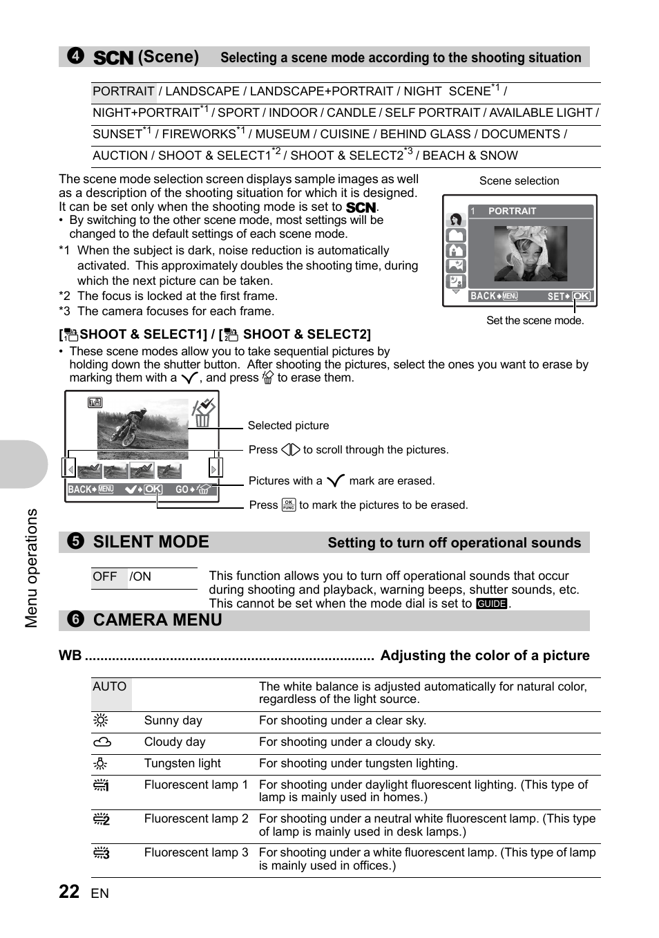 Setting to turn off operational sounds, Camera menu, Adjusting the color of a picture | Wb adjusting the color of a picture” (p. 22), P. 22, 4s (scene), 5silent mode, 6camera menu, Men u o perat io ns | Olympus 730 User Manual | Page 22 / 80