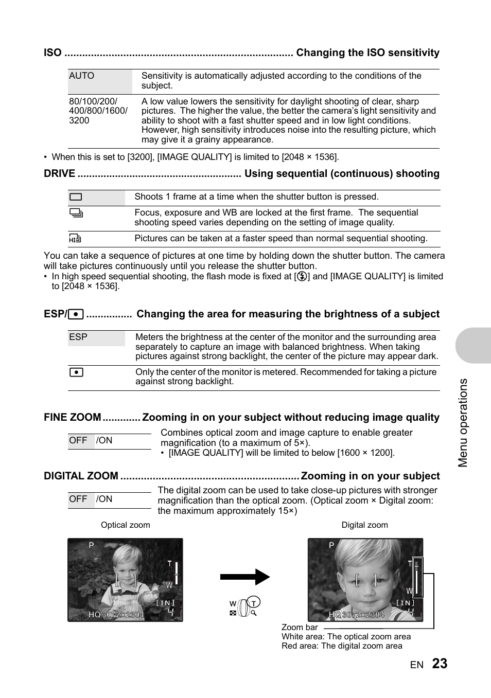 Changing the iso sensitivity, Using sequential (continuous) shooting, Zooming in on your subject | P. 23, Men u o perat io ns | Olympus 730 User Manual | Page 23 / 80