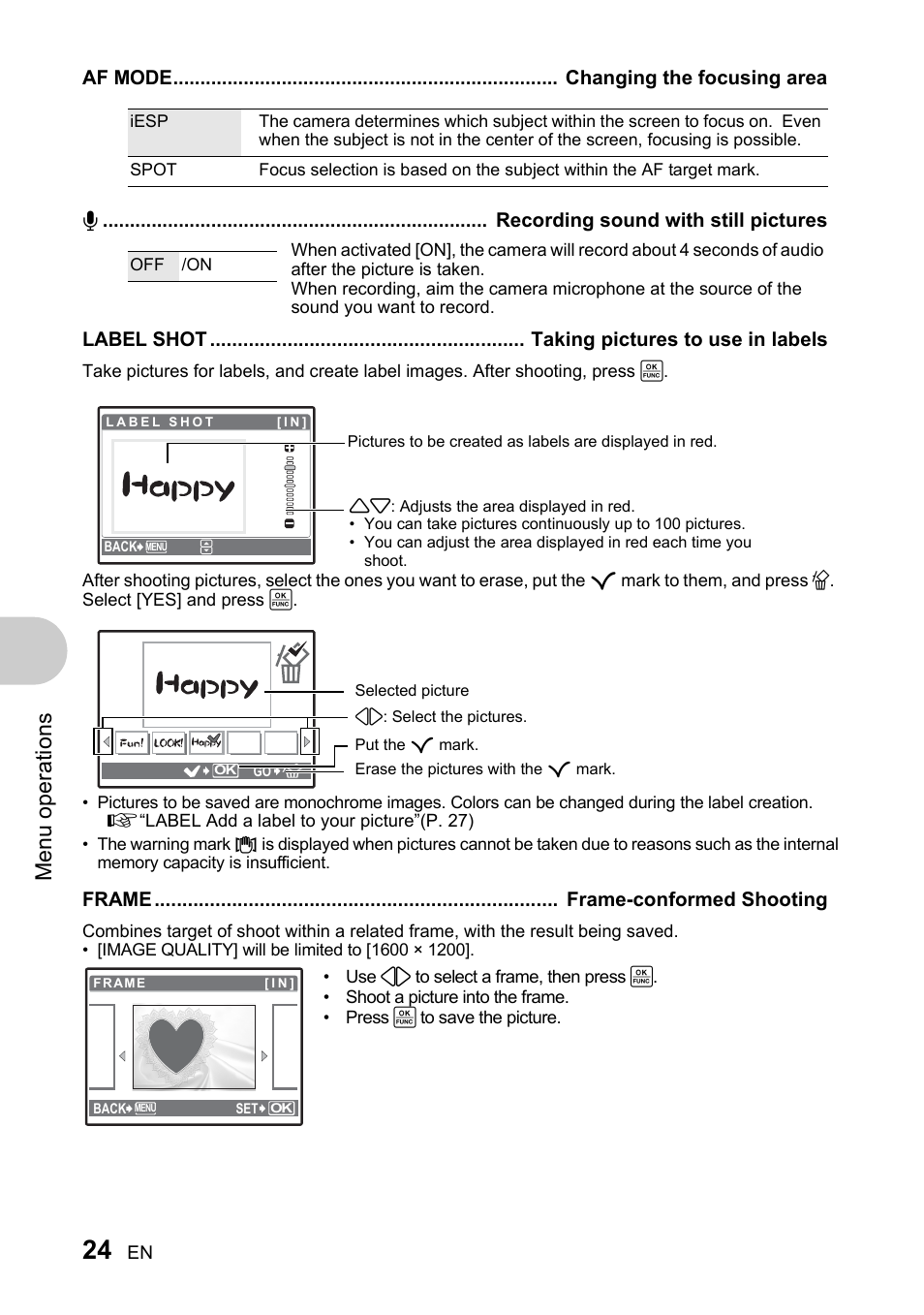 Changing the focusing area, Recording sound with still pictures, Taking pictures to use in labels | Frame-conformed shooting, P. 24, Men u o perat io ns | Olympus 730 User Manual | Page 24 / 80