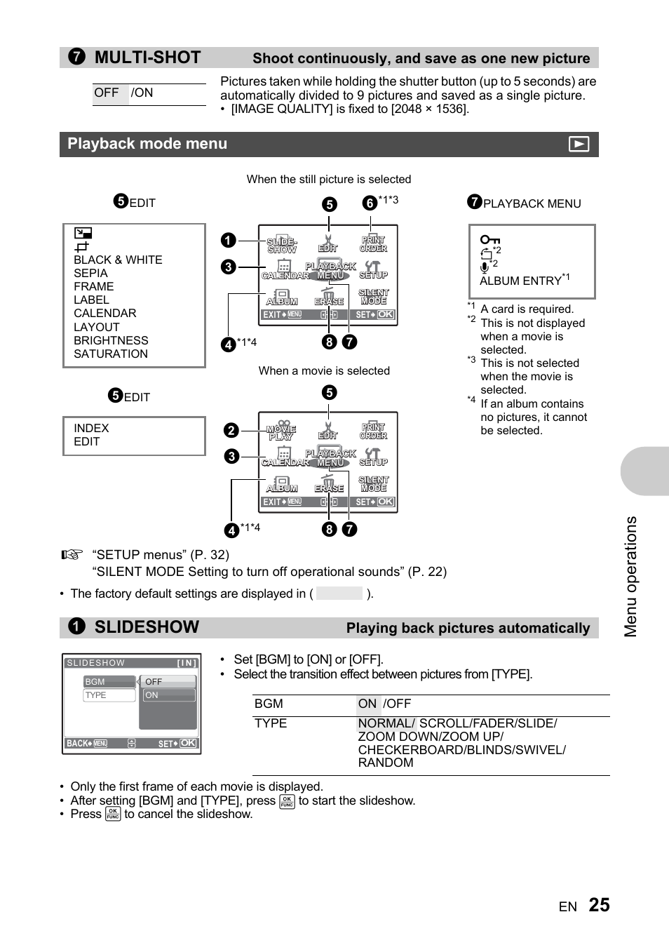 Shoot continuously, and save as one new picture, Playback mode menu, Playing back pictures automatically | P. 25, 7multi-shot, 1slideshow, Men u o perat io ns, Playback mode menu q | Olympus 730 User Manual | Page 25 / 80