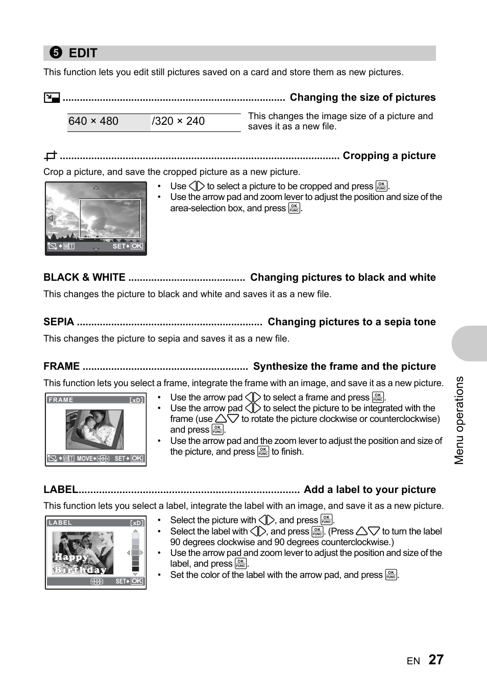 Edit, Changing the size of pictures, Cropping a picture | Changing pictures to black and white, Changing pictures to a sepia tone, Synthesize the frame and the picture, Add a label to your picture, 5edit, Men u o perat io ns | Olympus 730 User Manual | Page 27 / 80