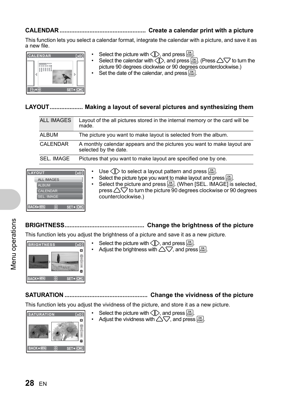 Create a calendar print with a picture, Change the brightness of the picture, Change the vividness of the picture | Men u o perat io ns | Olympus 730 User Manual | Page 28 / 80