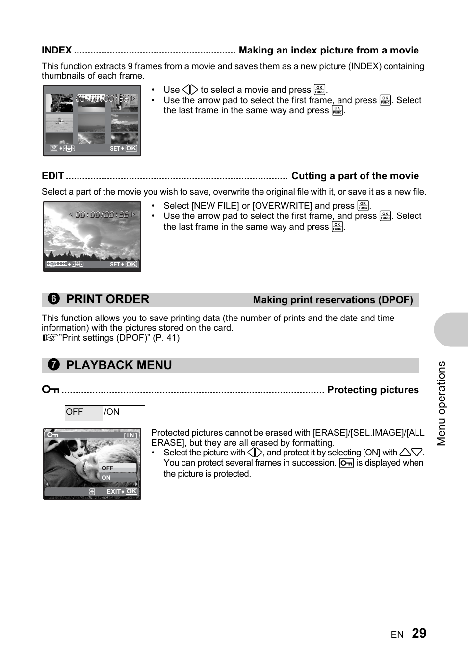 Making an index picture from a movie, Cutting a part of the movie, Making print reservations (dpof) | Playback menu, Protecting pictures, 0 protecting pictures” (p. 29), 6print order, 7playback menu, Men u o perat io ns | Olympus 730 User Manual | Page 29 / 80
