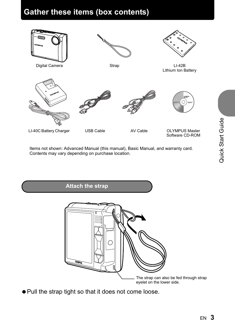 Quick start guide, P. 3, Gather these items (box contents) | Olympus 730 User Manual | Page 3 / 80