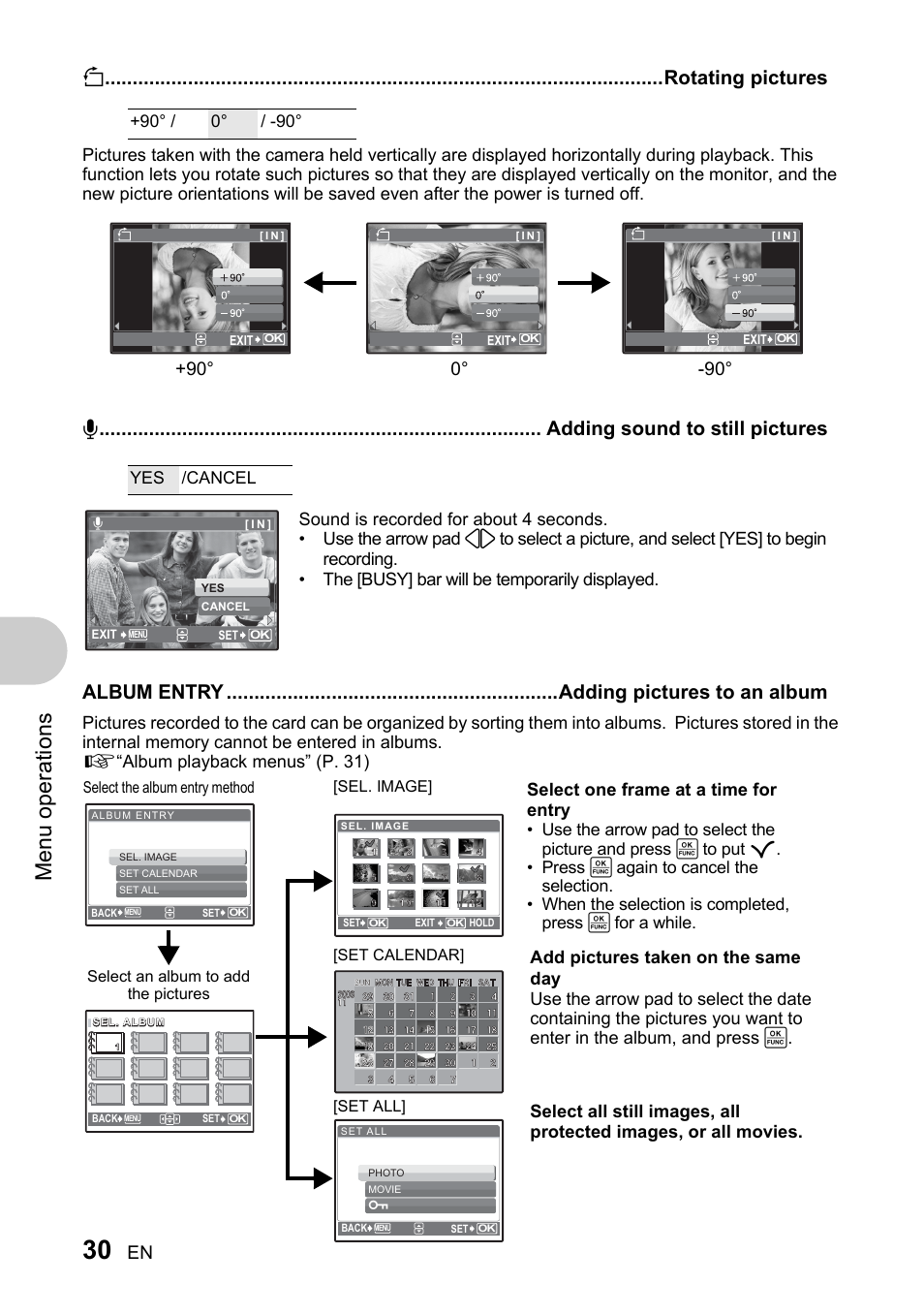 Rotating pictures, Adding sound to still pictures, Adding pictures to an album | Men u o perat io ns, Select one frame at a time for entry | Olympus 730 User Manual | Page 30 / 80