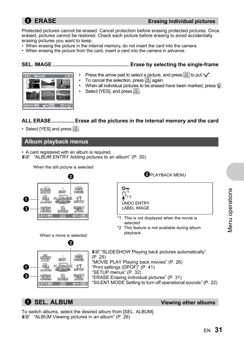 Erasing individual pictures, Erase by selecting the single-frame, Album playback menus | Viewing other albums, 8erase, 1sel. album, Men u o perat io ns | Olympus 730 User Manual | Page 31 / 80