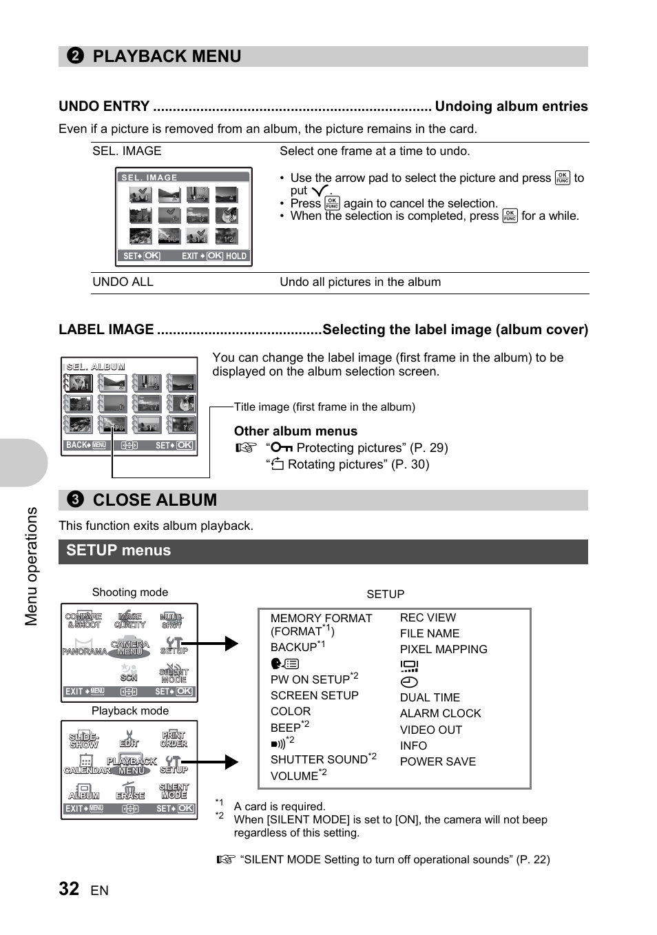 Playback menu, Undoing album entries, Selecting the label image (album cover) | Close album, Setup menus, Setup menus” (p. 32), 2playback menu, 3close album, Men u o perat io ns, Other album menus | Olympus 730 User Manual | Page 32 / 80