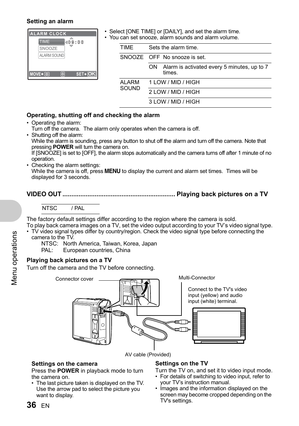 Playing back pictures on a tv, Men u o perat io ns | Olympus 730 User Manual | Page 36 / 80