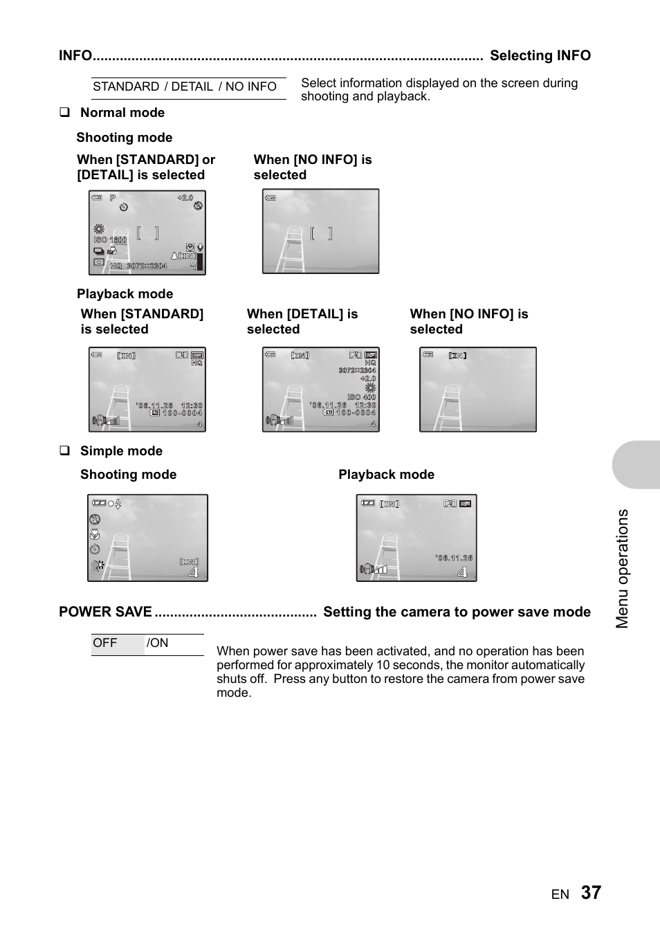 Selecting info, Setting the camera to power save mode, Men u o perat io ns | Normal mode  simple mode, Shooting mode playback mode | Olympus 730 User Manual | Page 37 / 80