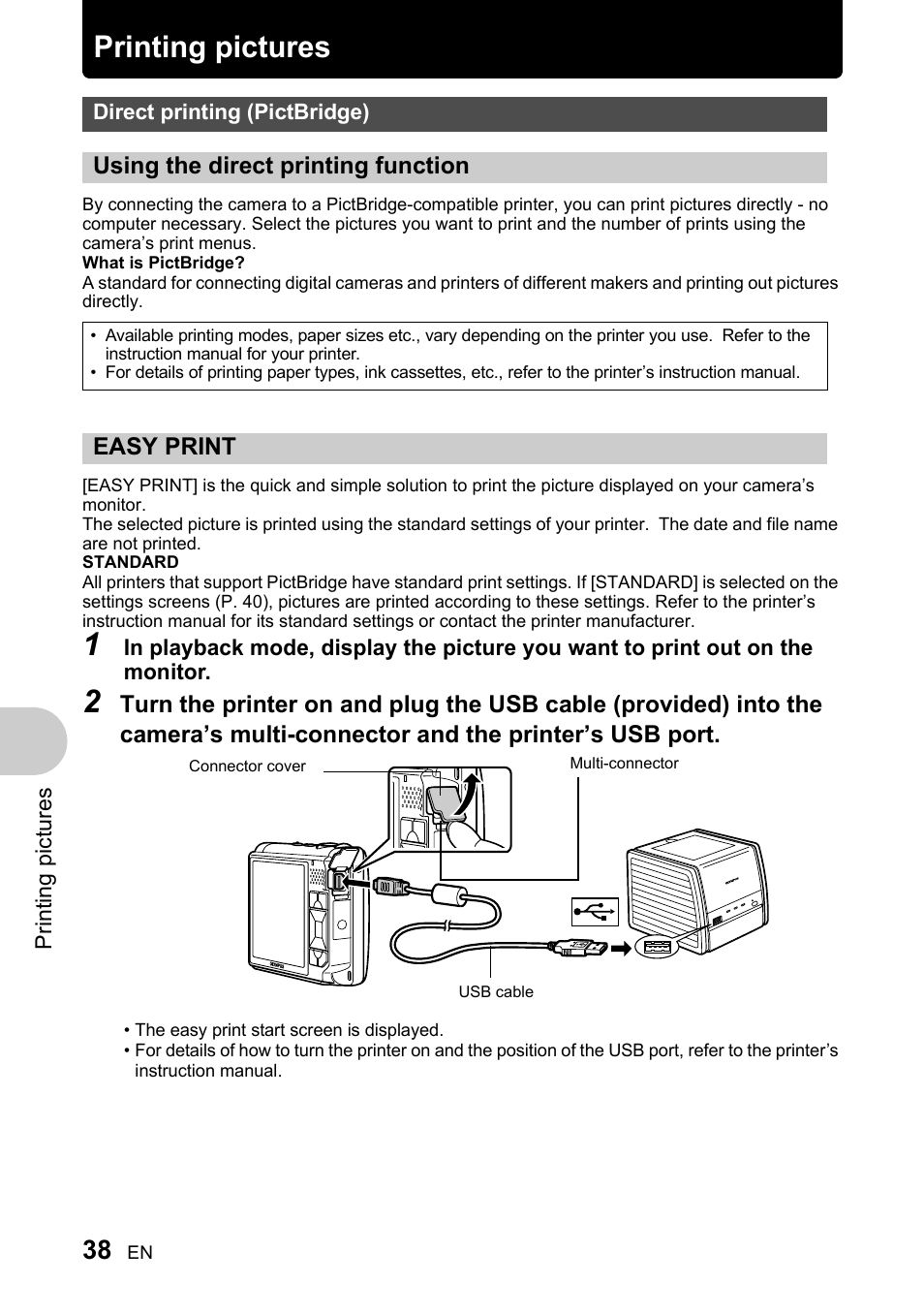 Printing pictures, Direct printing (pictbridge), Using the direct printing function | Easy print, P. 38, Easy print” (p. 38) | Olympus 730 User Manual | Page 38 / 80