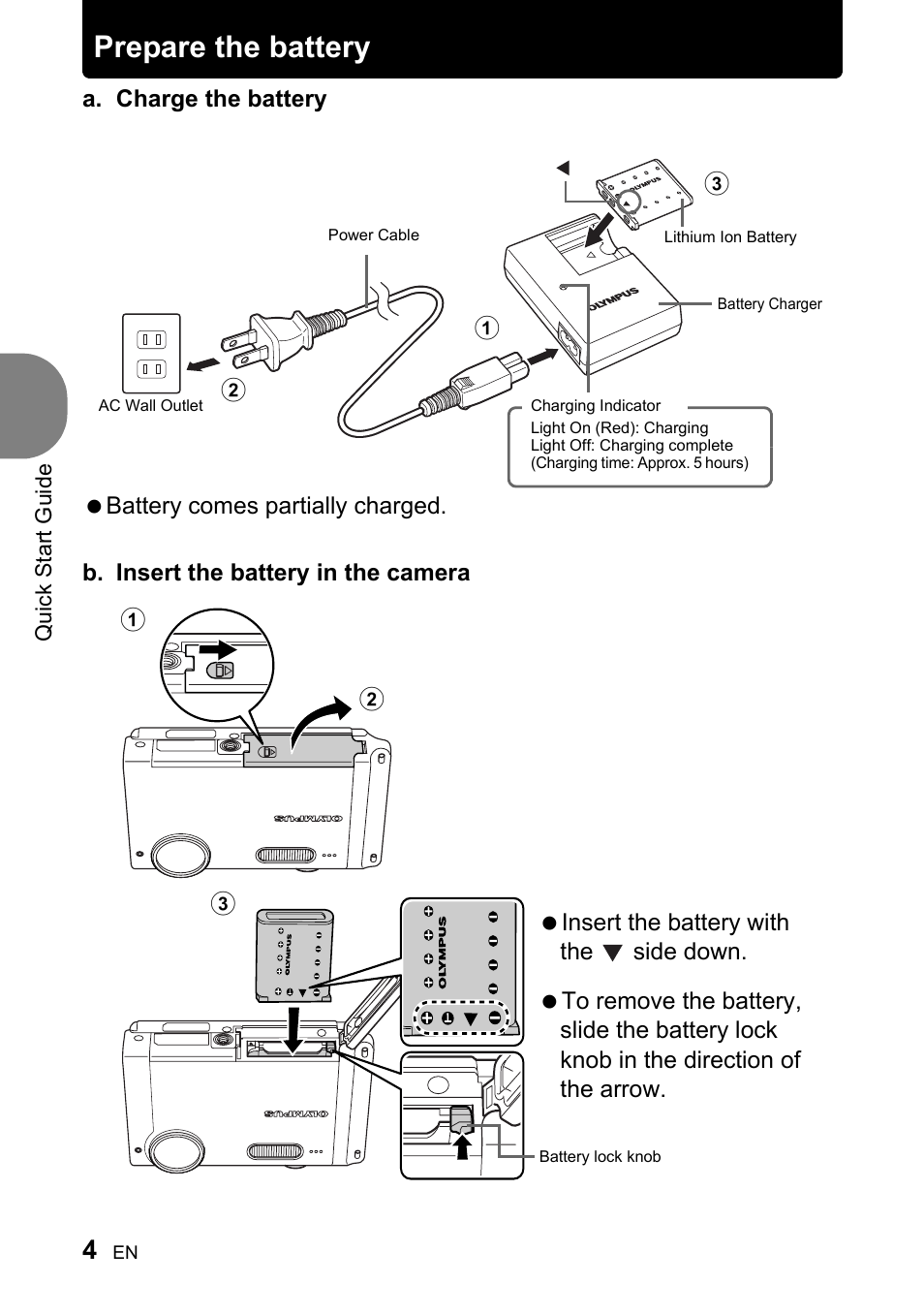 Prepare the battery | Olympus 730 User Manual | Page 4 / 80