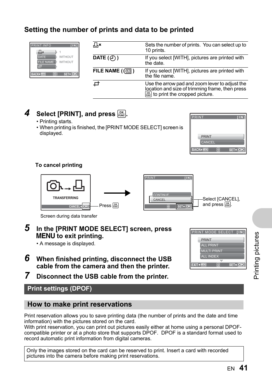 Print settings (dpof), How to make print reservations, Print settings (dpof)” (p. 41) | Prin ting pi ct ures, Select [print], and press, Disconnect the usb cable from the printer | Olympus 730 User Manual | Page 41 / 80