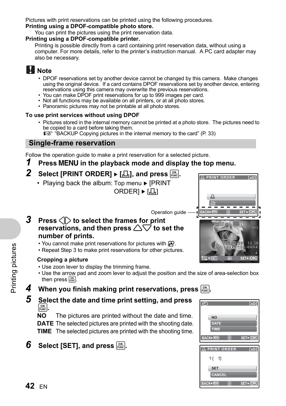 Single-frame reservation, Prin ting pi ct ures, Select [print order] [ < ], and press | When you finish making print reservations, press, Select the date and time print setting, and press, Select [set], and press | Olympus 730 User Manual | Page 42 / 80